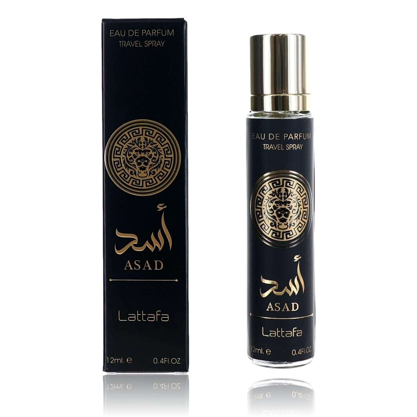 Lattafa Asad eau de parfum travel spray bottle with black glass and gold cap