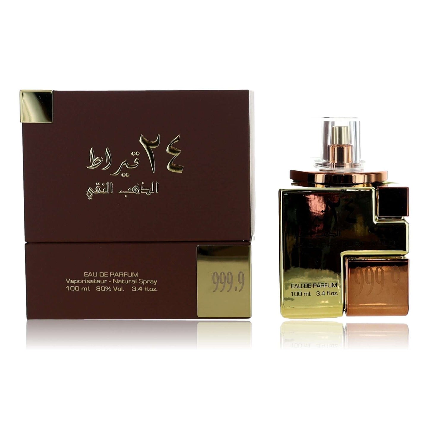 Lattafa 24 Carat Pure Gold EDP spray bottle and gift box, amber glass
