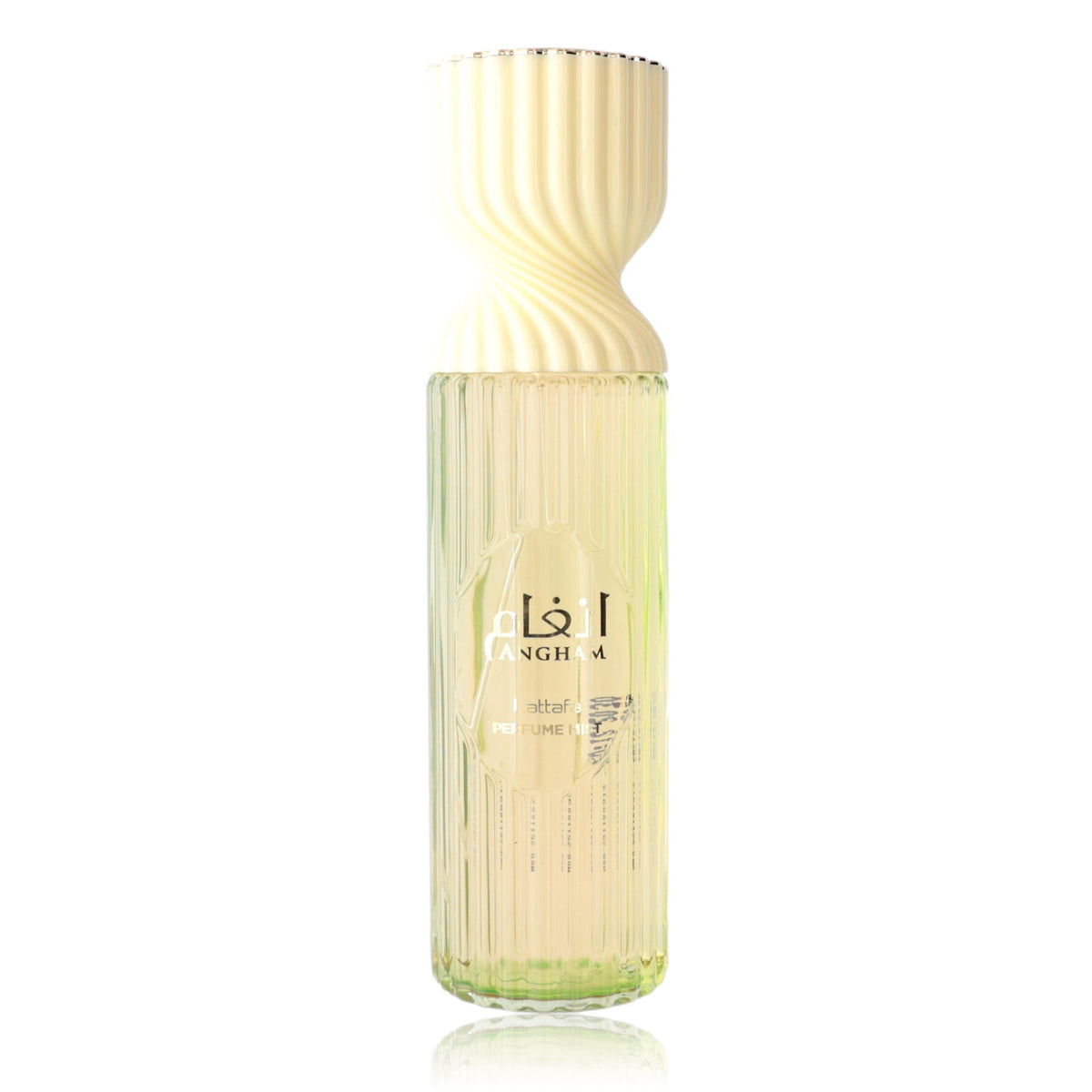 Angham by Lattafa perfume mist bottle with ribbed glass, pale golden and green tint