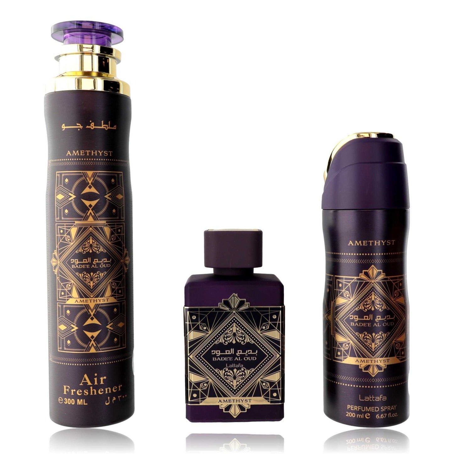 3-piece unisex fragrance gift set: purple/black Amethyst air freshener, perfume spray, bottle