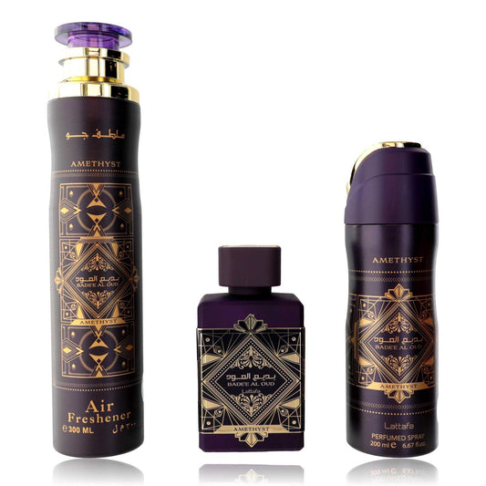 3-piece unisex fragrance gift set: purple/black Amethyst air freshener, perfume spray, bottle