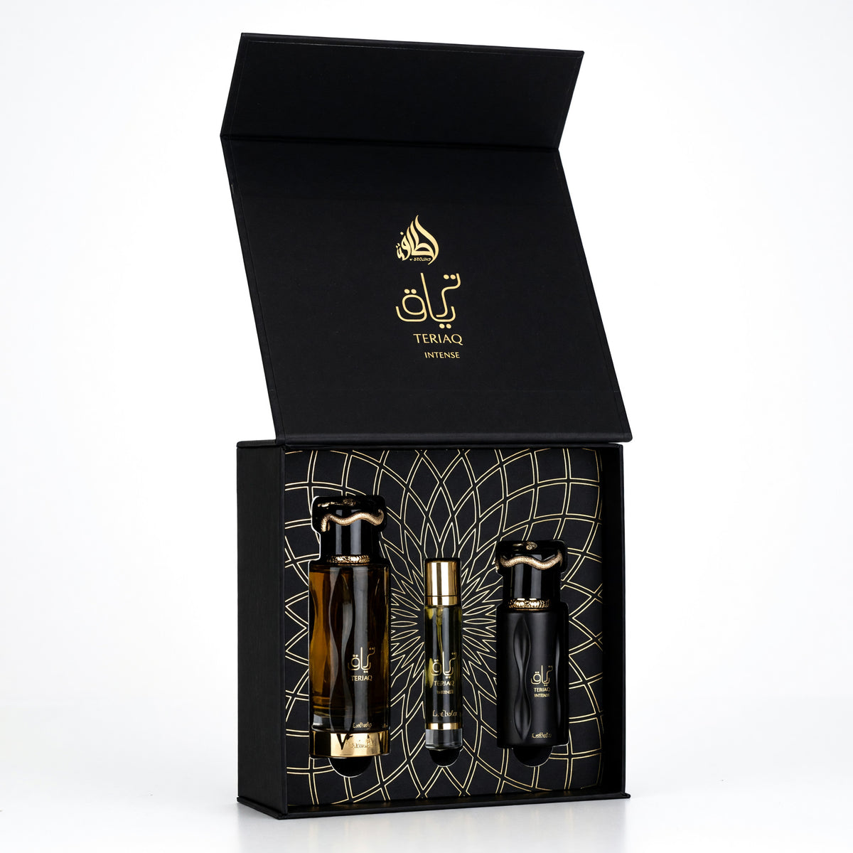 Teriaq Intense unisex 3-piece gift set with three dark bottles and gold accents
