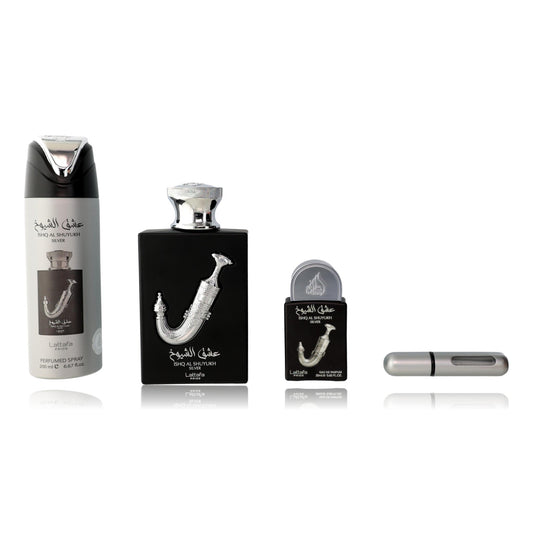 Lattafa unisex fragrance gift set, three bottles: tall can, black bottle, mini spray