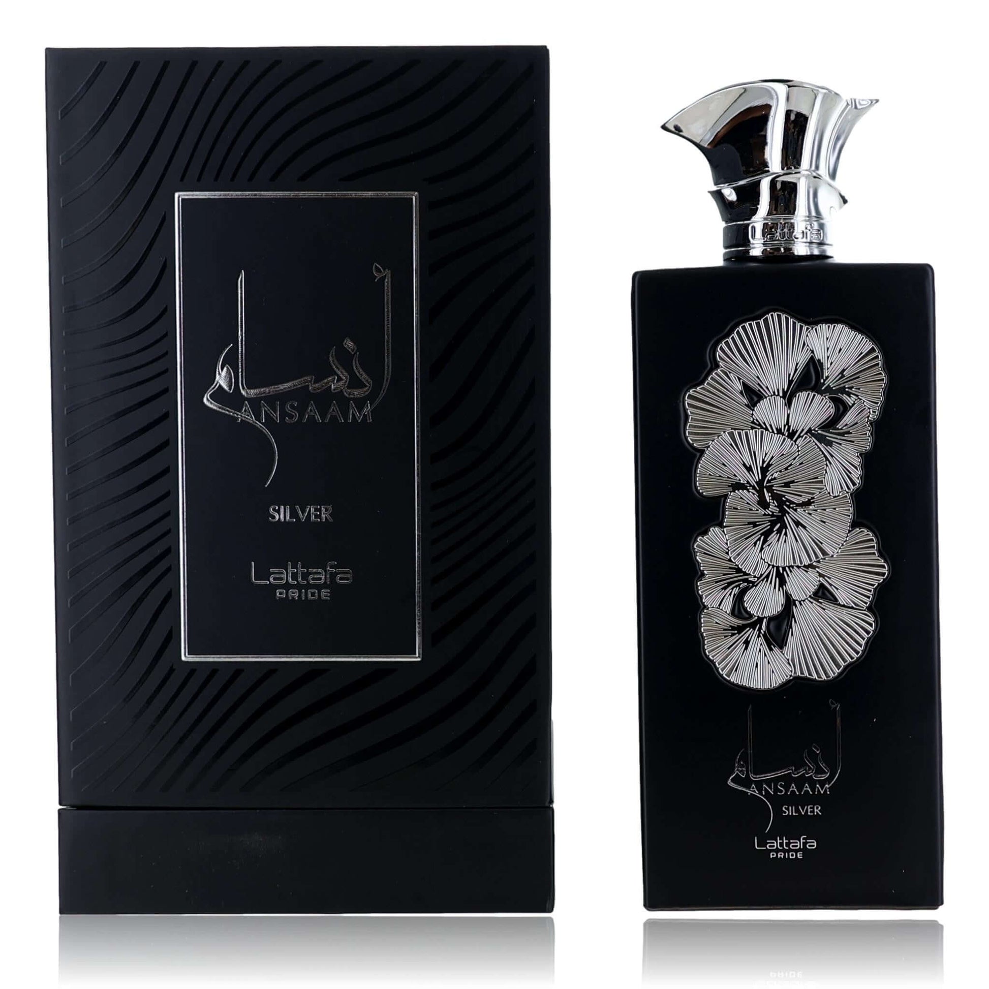 Silver EDP spray bottle with floral emblem and metallic cap, plus matching box