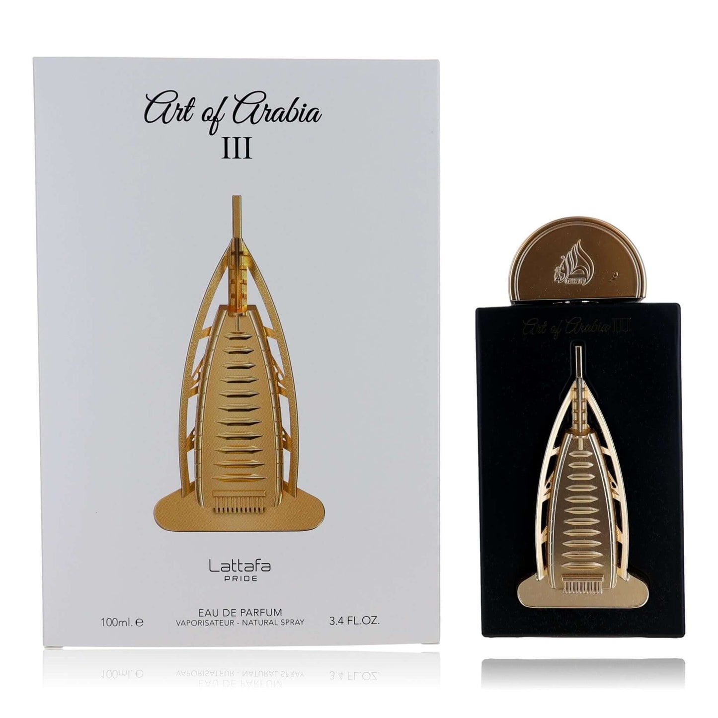 Lattafa Art of Arabia III EDP spray bottle and box, gold cap, dark blue glass.