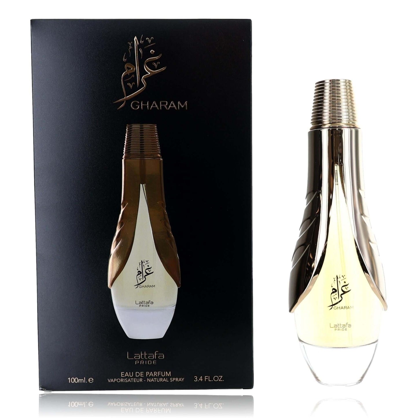 Gharam by Lattafa EDP spray bottle with box, gold cap, clear glass vial.
