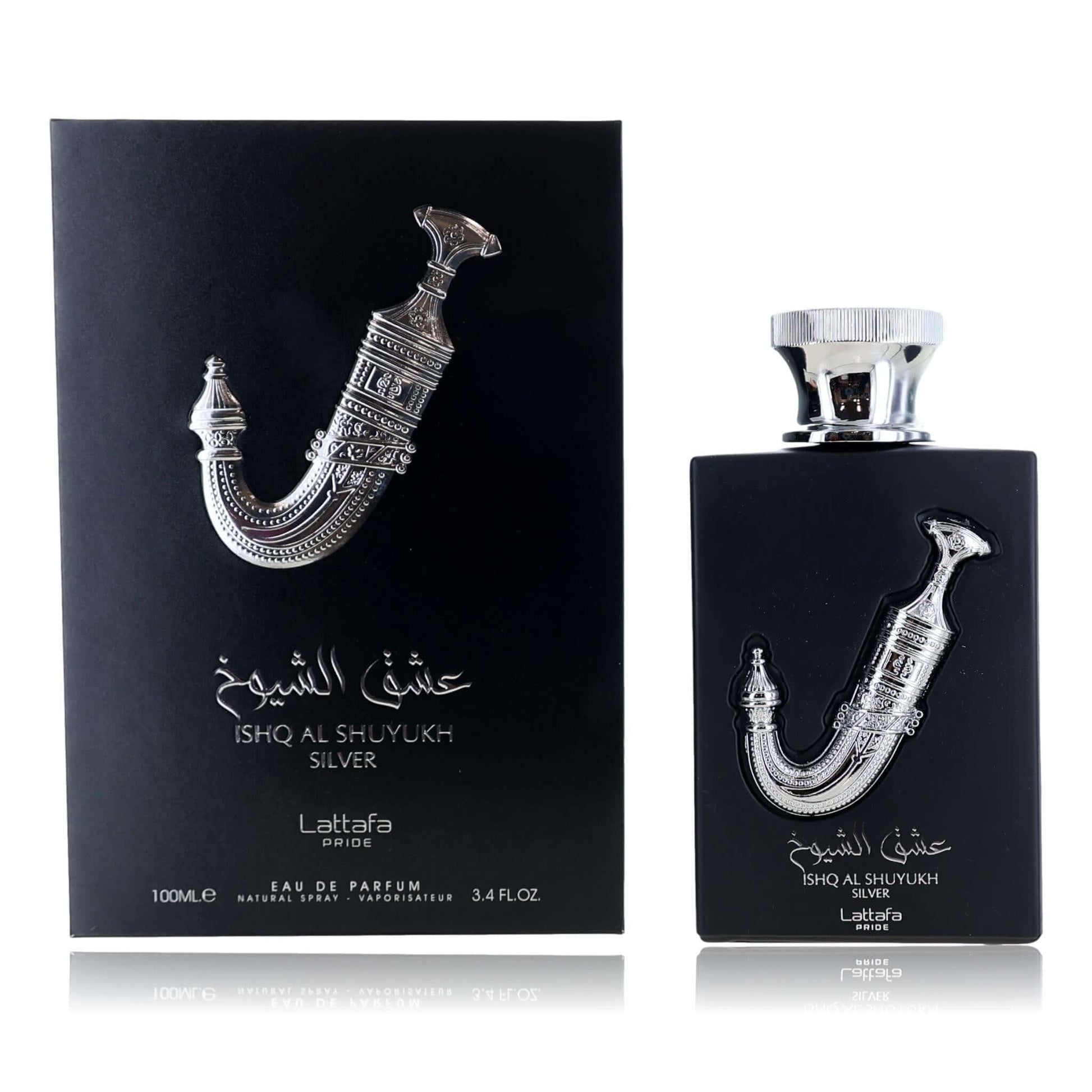Lattafa Ishq Al Shuyukh Silver EDP spray bottle and box, dark navy with silver logo.
