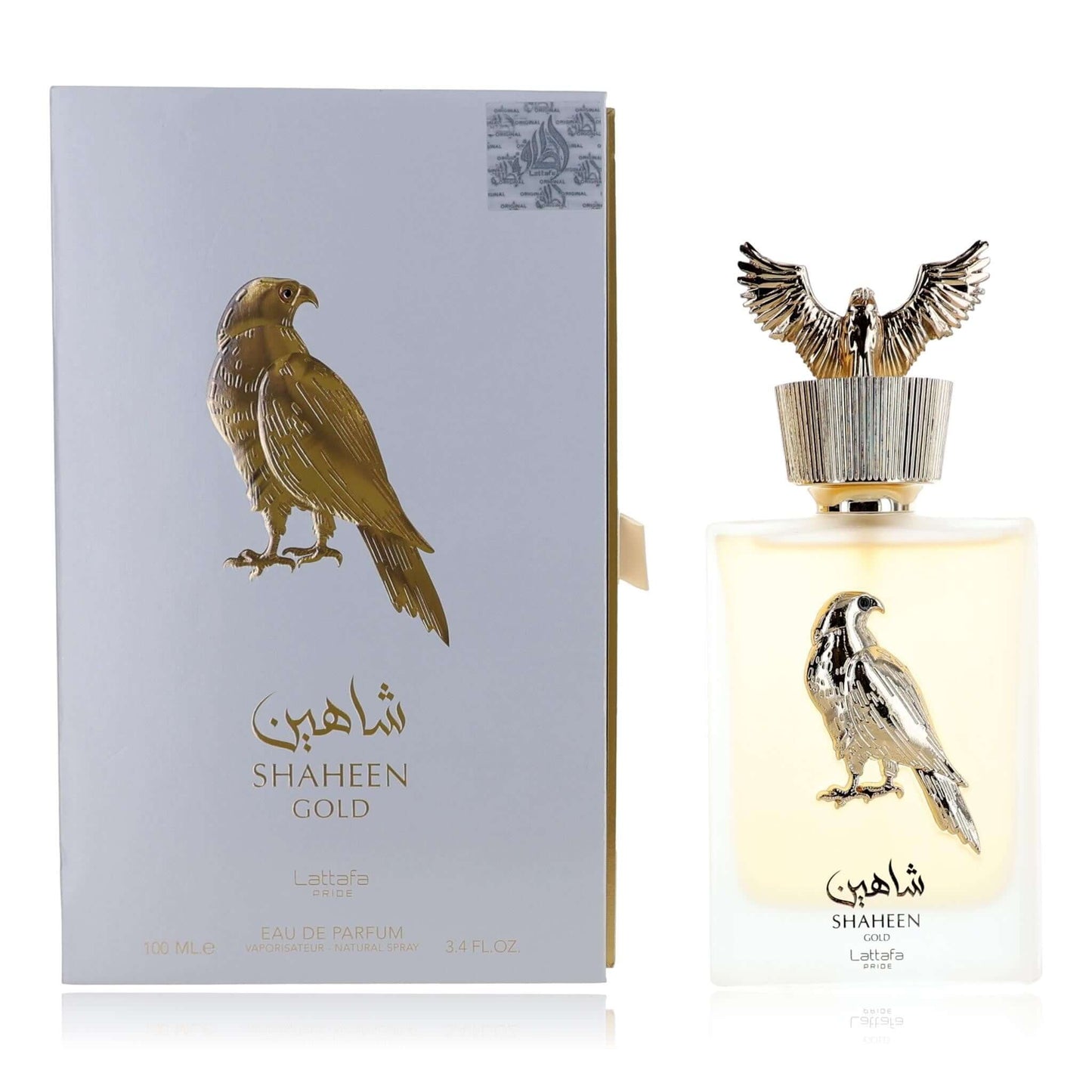 Lattafa Shaheen Gold EDP spray with matching box, gold eagle cap and bird label