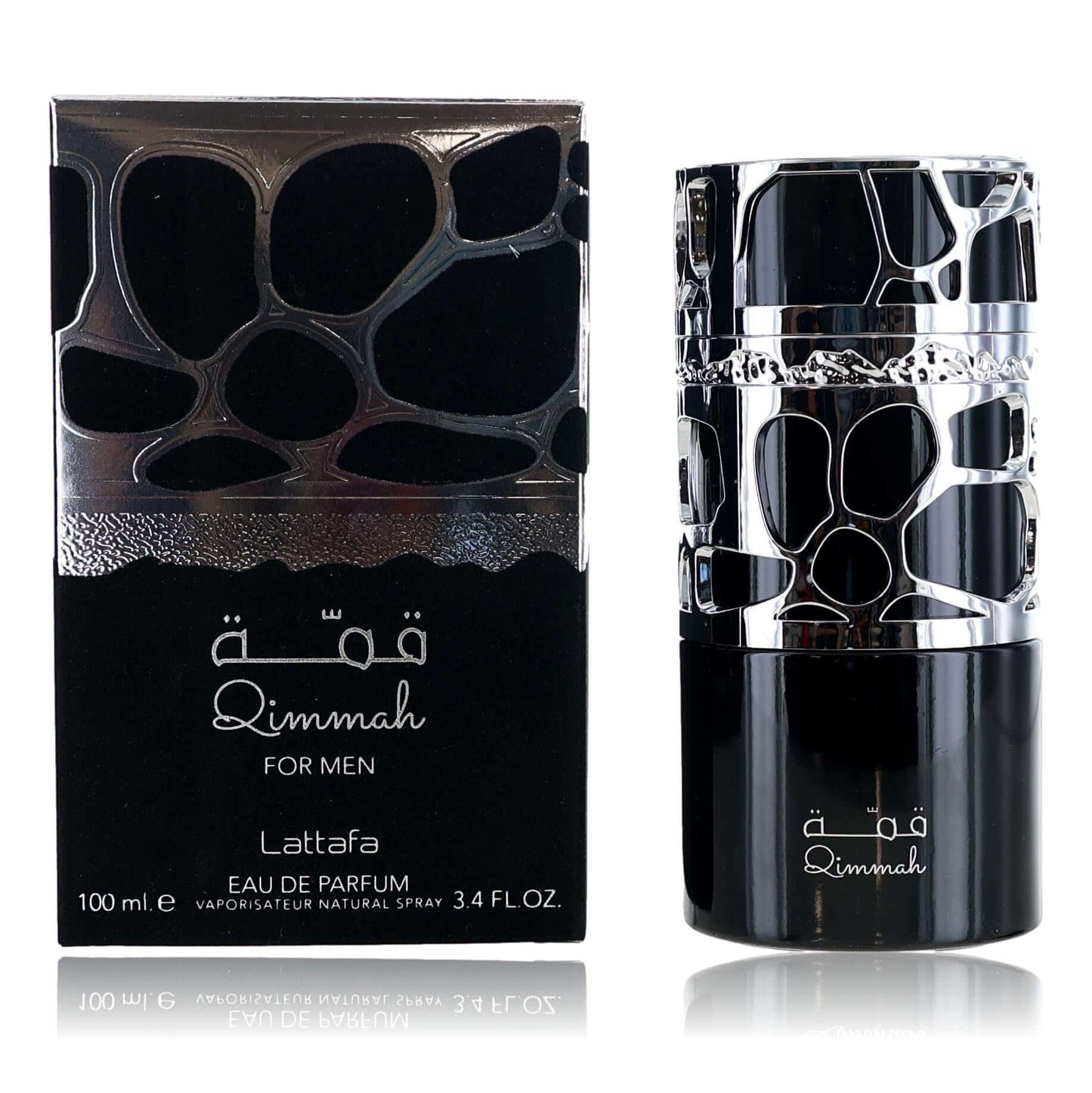 Qimmah men's Eau de Parfum spray bottle, black cap, with matching box