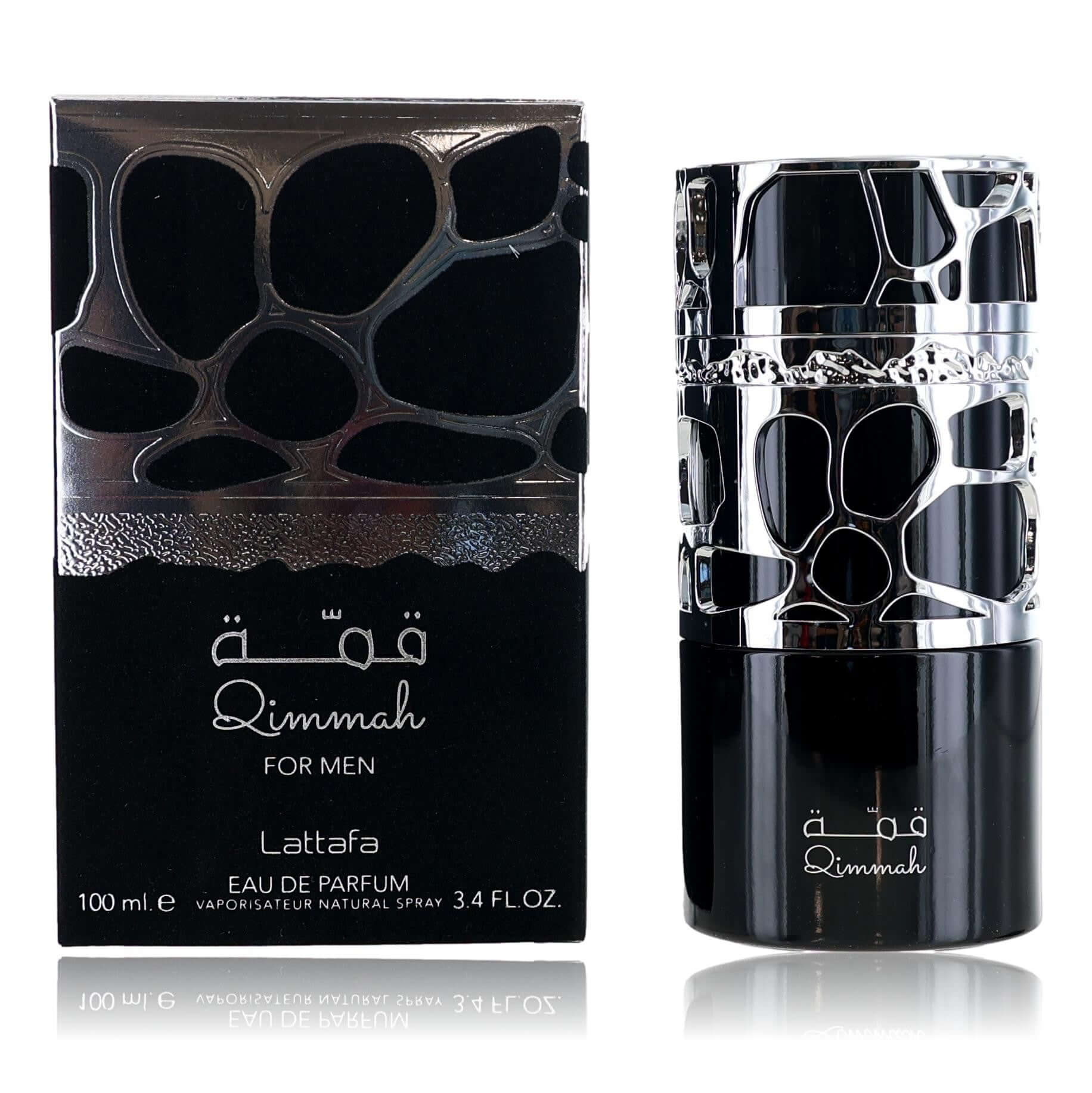 Qimmah men's Eau de Parfum spray bottle, black cap, with matching box