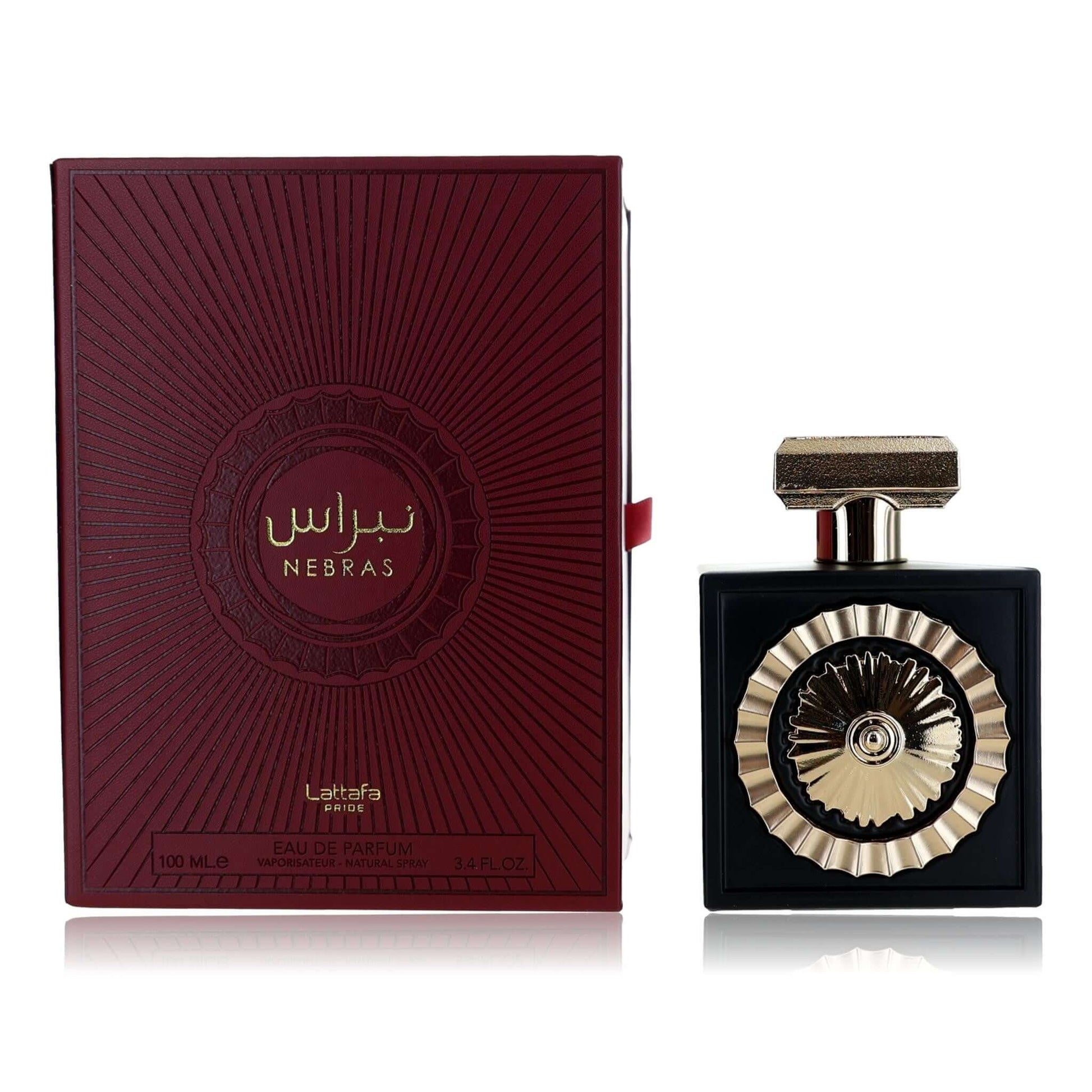 Unisex EDP spray perfume bottle with burgundy boxed packaging and gold circular label