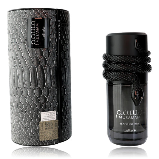 Women’s eau de parfum spray bottles with black caps, textured dark glass, standing pair