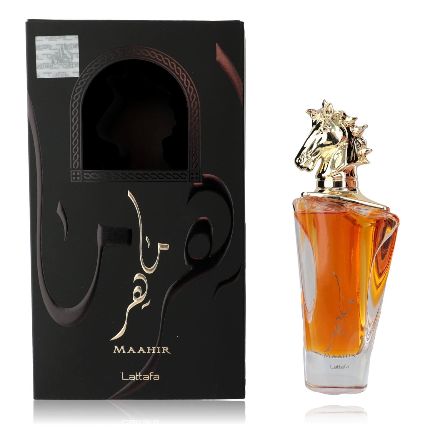 Maahir by Lattafa, 3.4 oz EDP Spray for Unisex in elegant packaging with a unique horse-shaped cap.