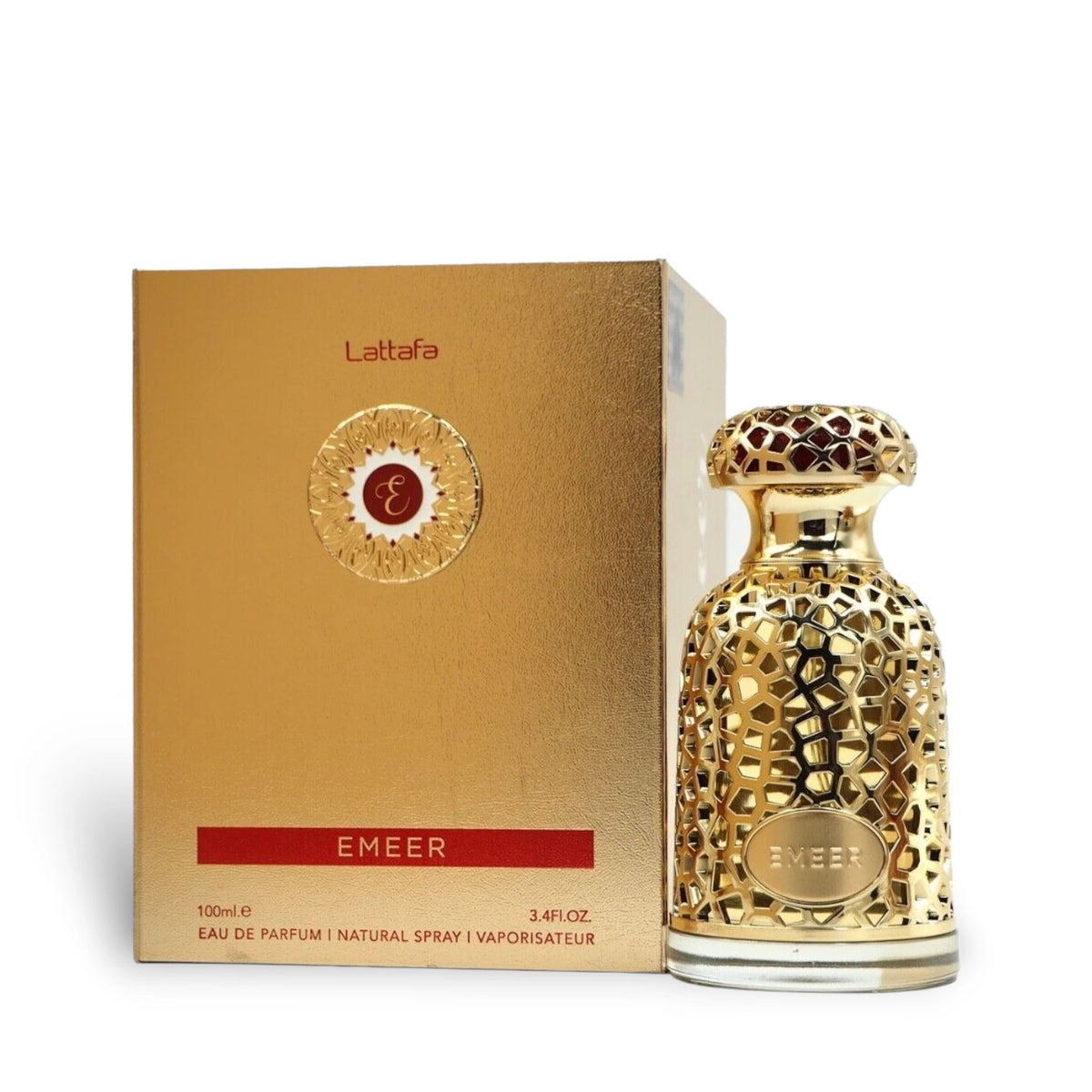 Emeer by Lattafa eau de parfum spray: gold patterned bottle with matching box
