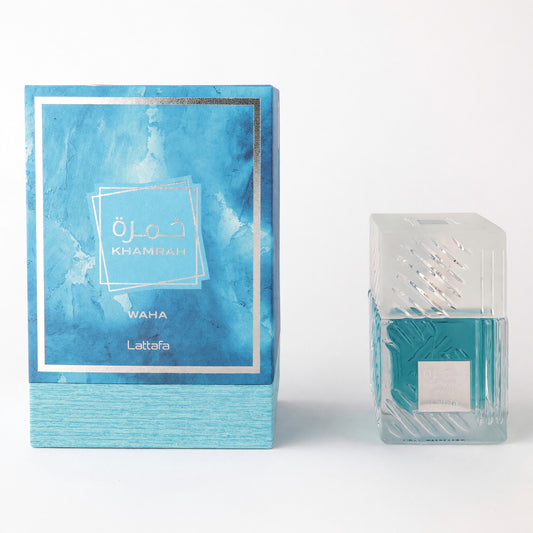 Lattafa Khamrah Waha eau de parfum spray with teal bottle and blue gift box
