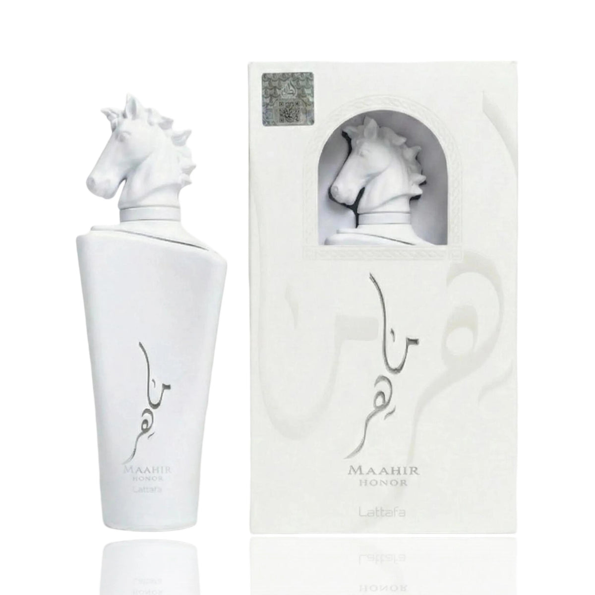 White Maahir Honor eau de parfum bottle with horse-head cap, with matching gift box