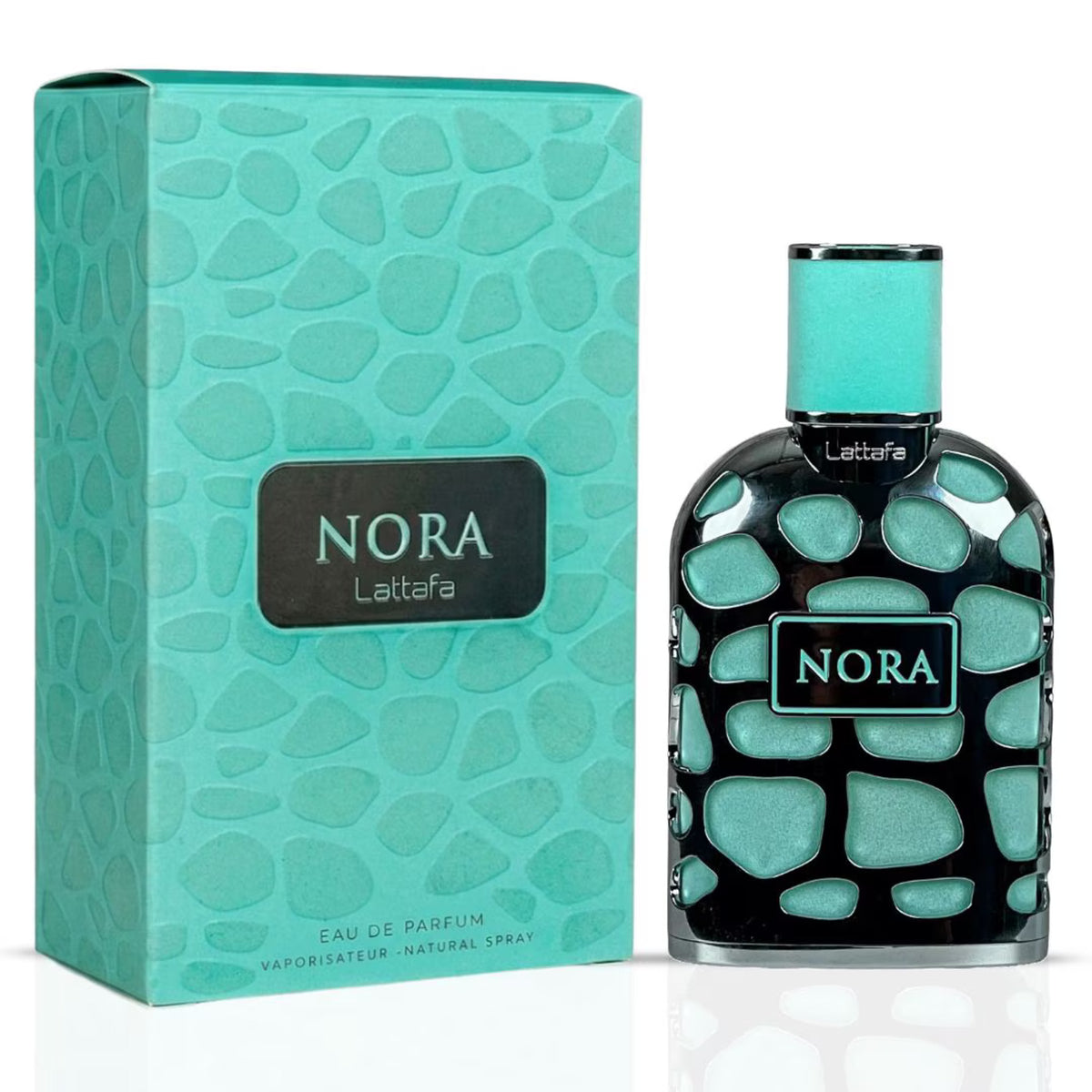 Nora by Lattafa Eau de Parfum spray with teal patterned glass bottle and box