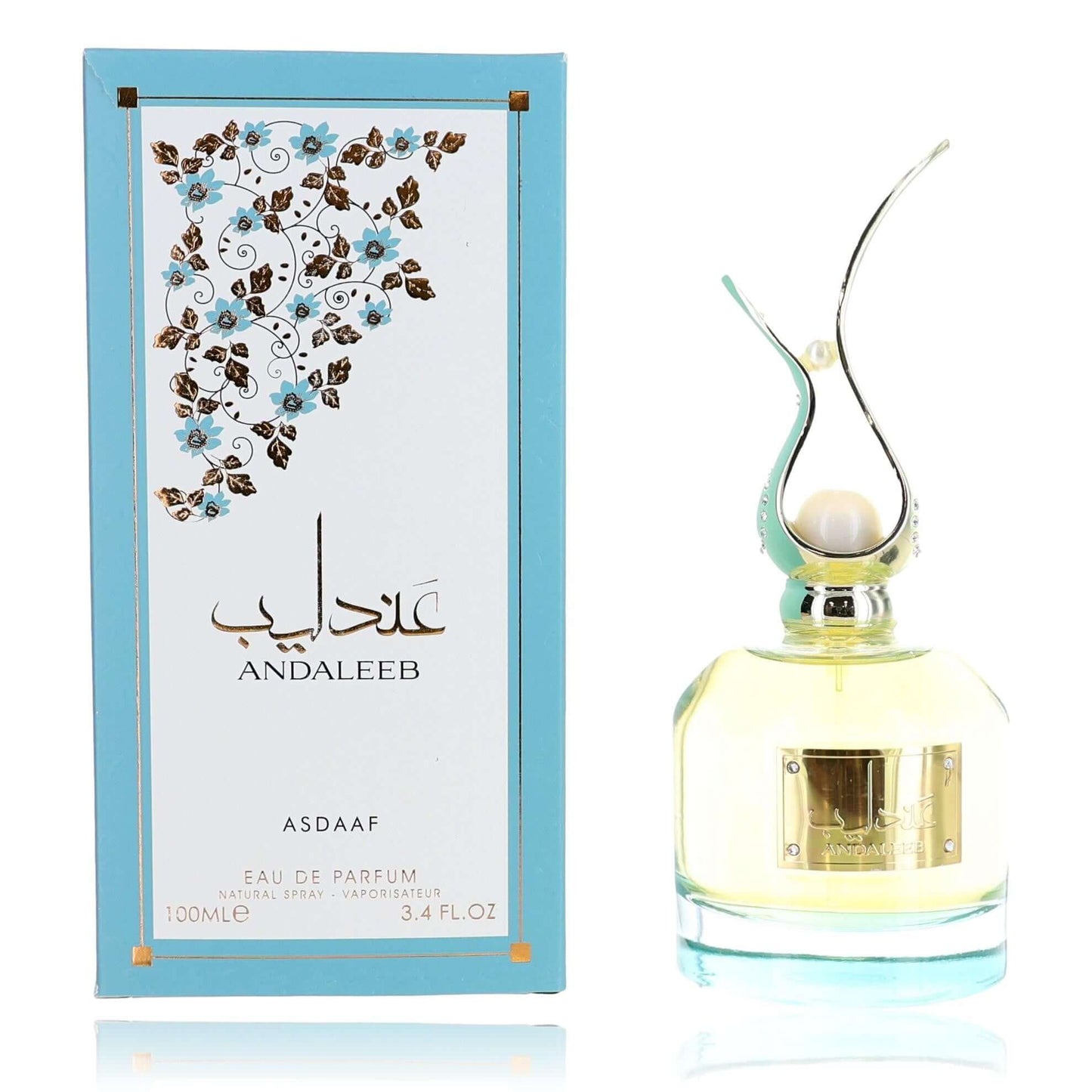 Asdaaf Andaleeb men's EDP spray bottle with light green glass and gold label
