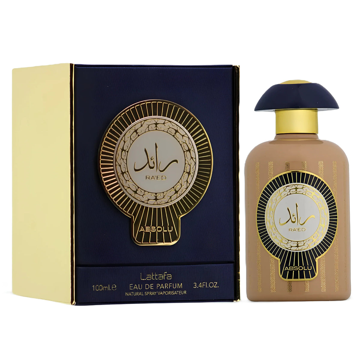 Unisex eau de parfum spray with amber glass bottle and navy gold Absolu box