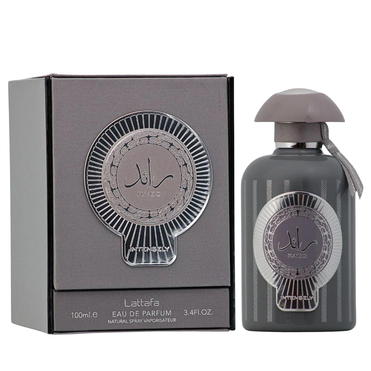 Lattafa unisex eau de parfum spray with dark gray bottle and presentation box