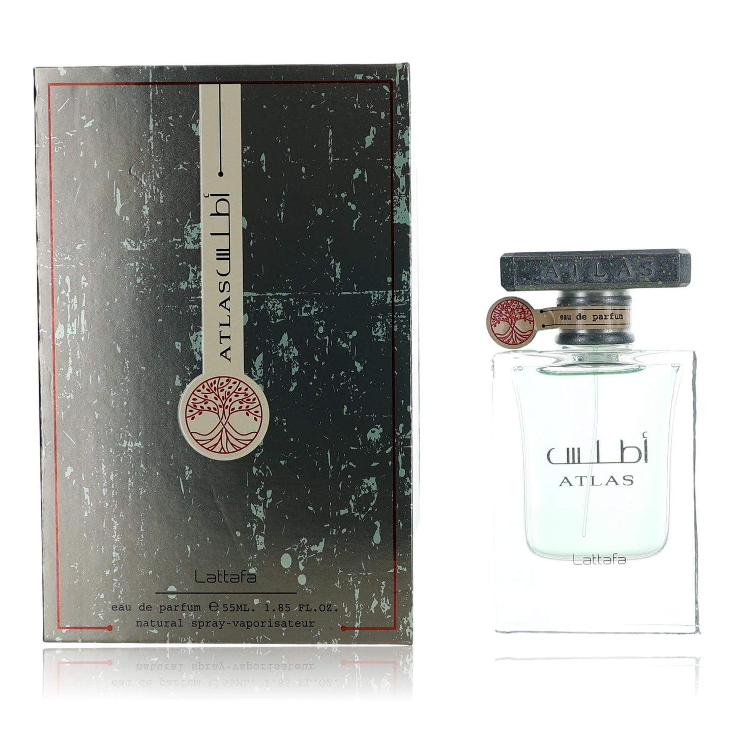 Unisex eau de parfum spray bottle set with glass bottle, cap, and printed box