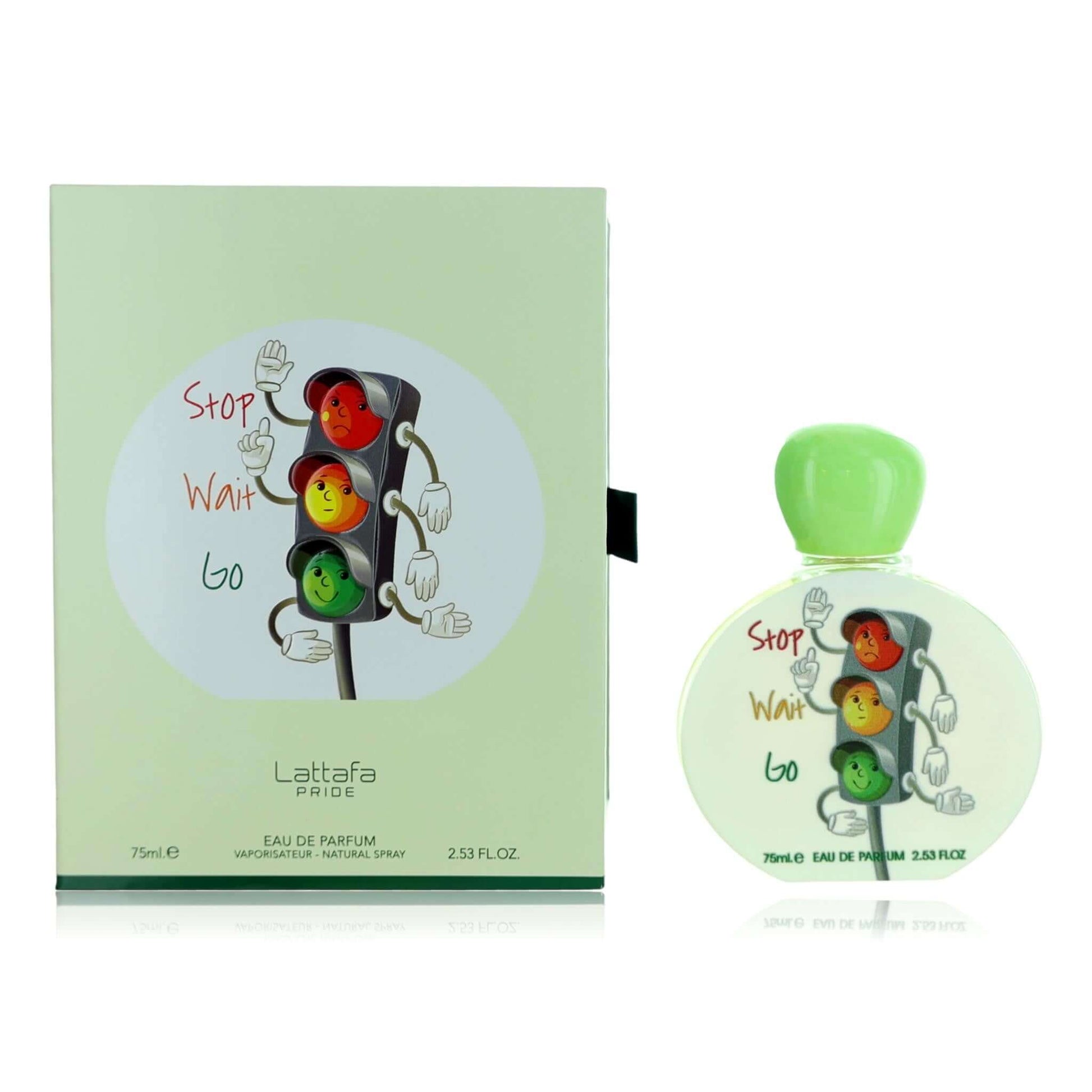 Kids eau de parfum spray bottle and box with green cap and traffic-light graphic