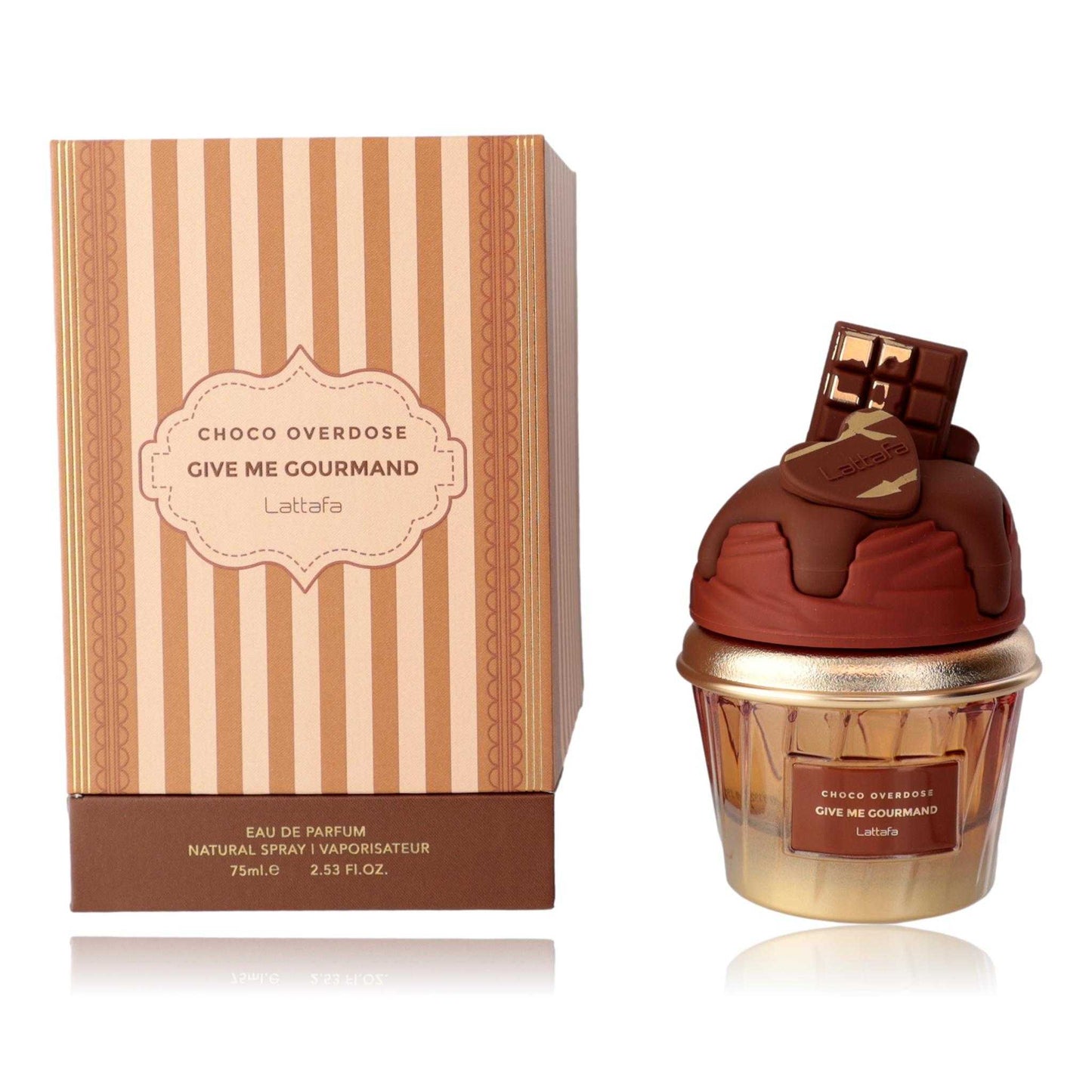 Lattafa Choco Overdose Give Me Gourmand EDP spray bottle with matching gift box
