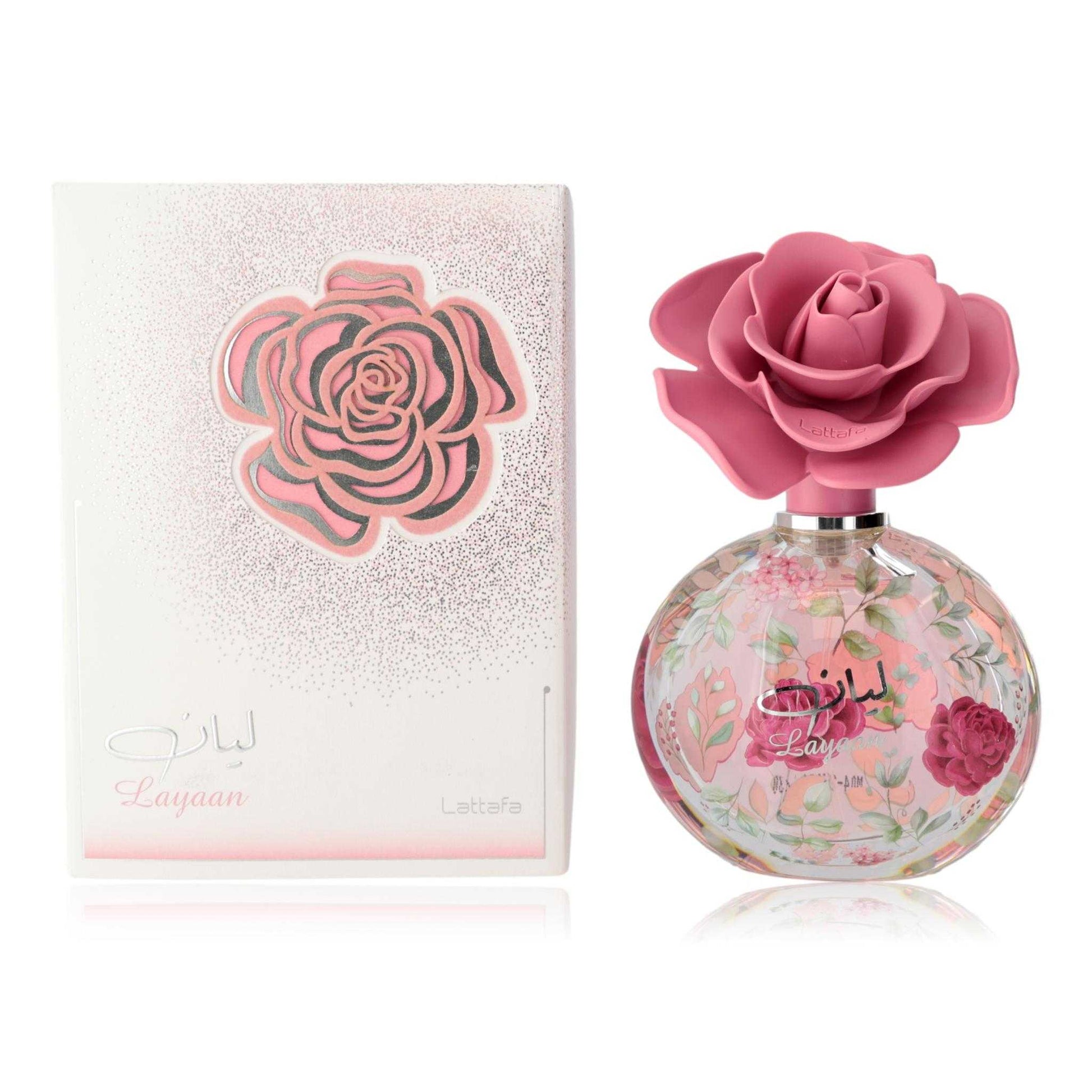 Women's floral EDP spray bottle with pink rose cap and matching decorative box