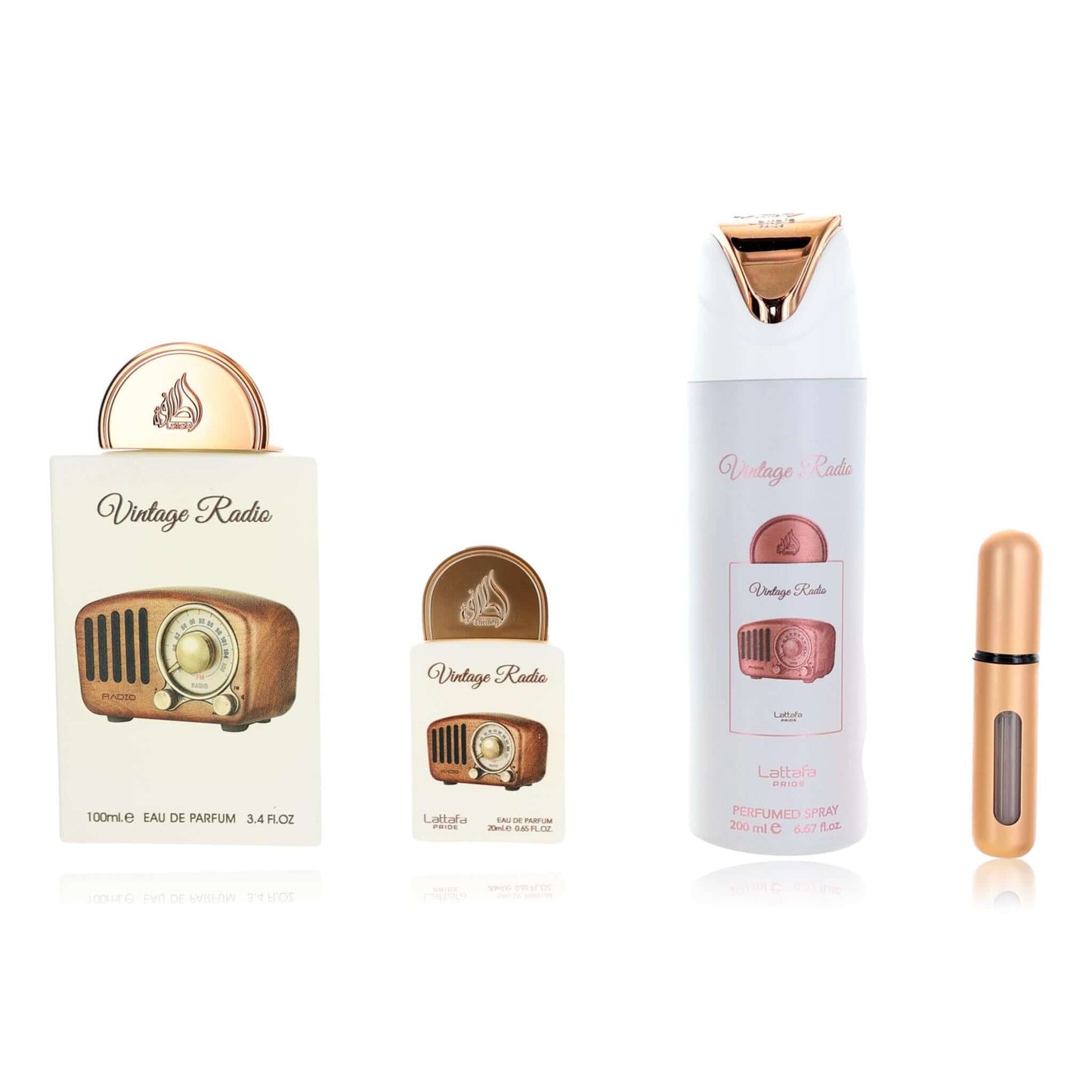 Lattafa Vintage Radio 3-piece gift set with spray bottle, small box, and roller.