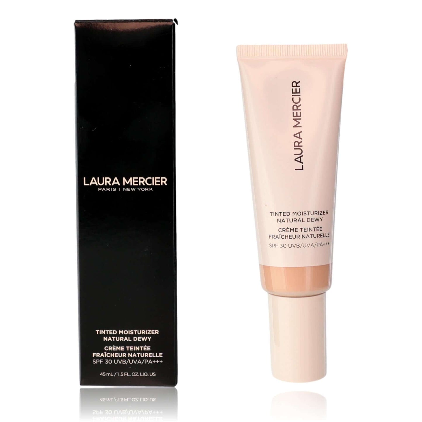 Laura Mercier tinted moisturizer tube and box, natural dewy finish, SPF 30