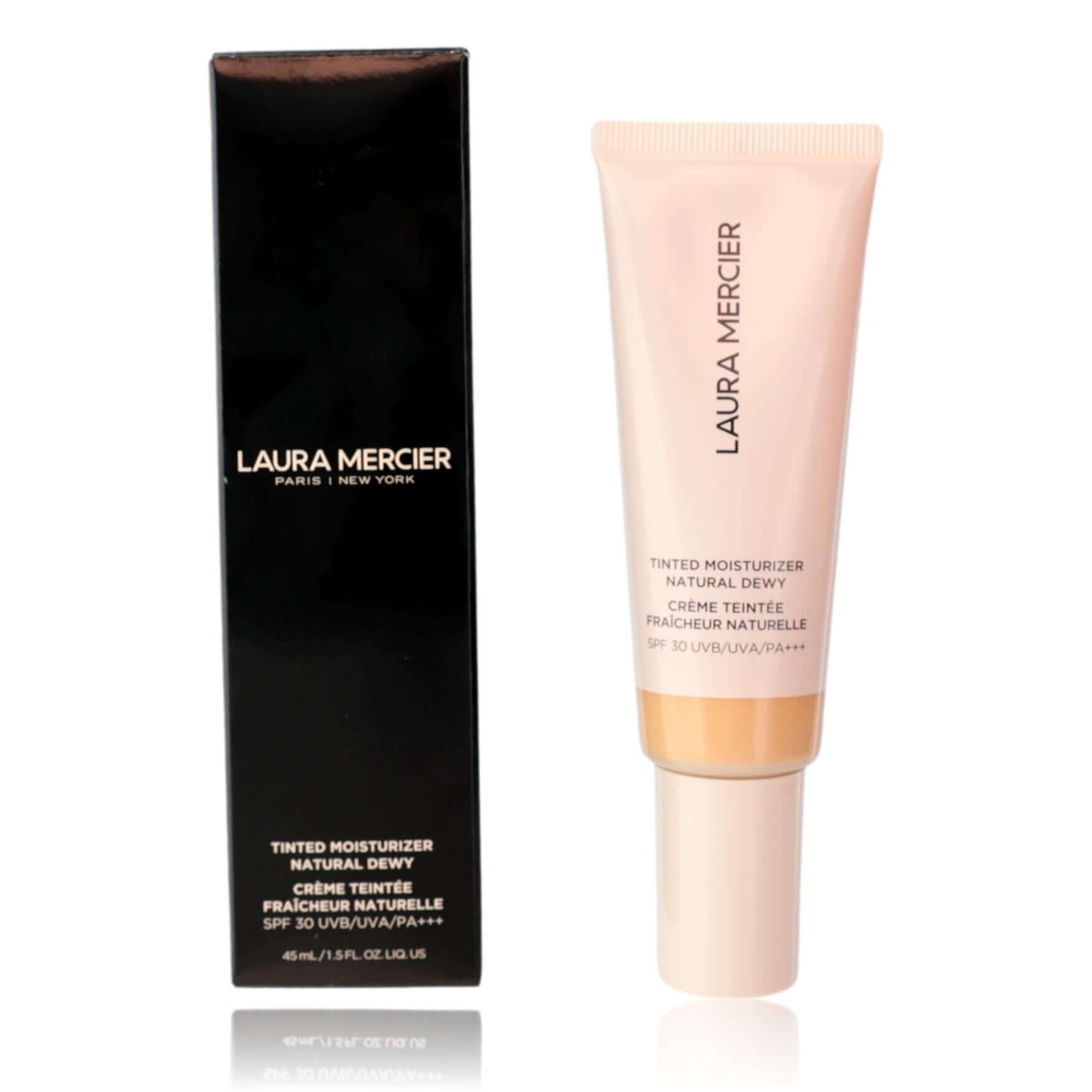 Tinted moisturizer SPF 30 tube in 1W Blonde, natural dewy finish, with matching box