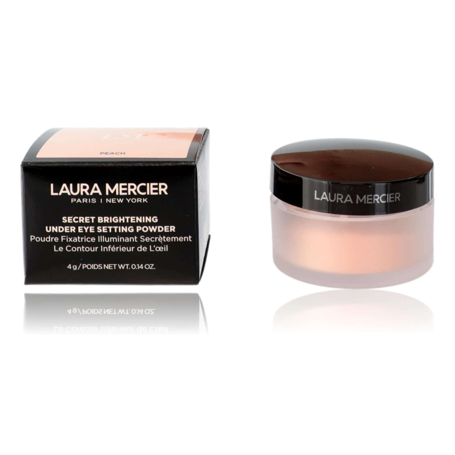 Laura Mercier Secret Brightening Powder peach under-eye setting powder, jar and box