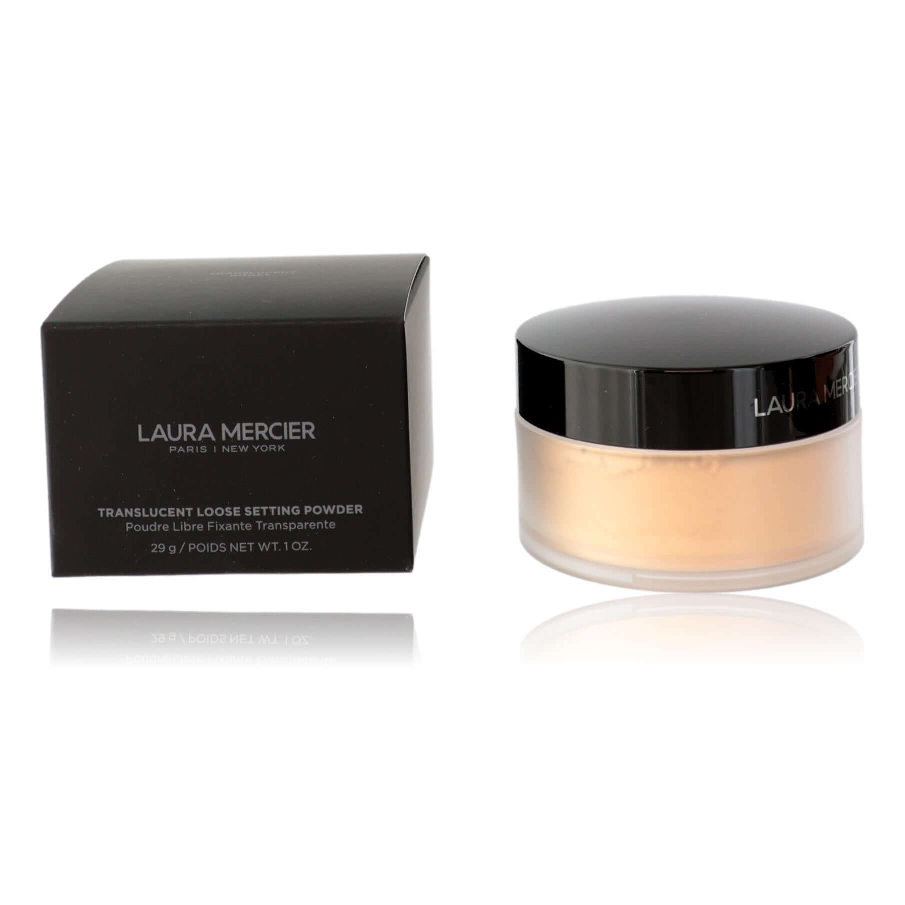 Loose setting powder in honey-toned jar with black lid and branded box
