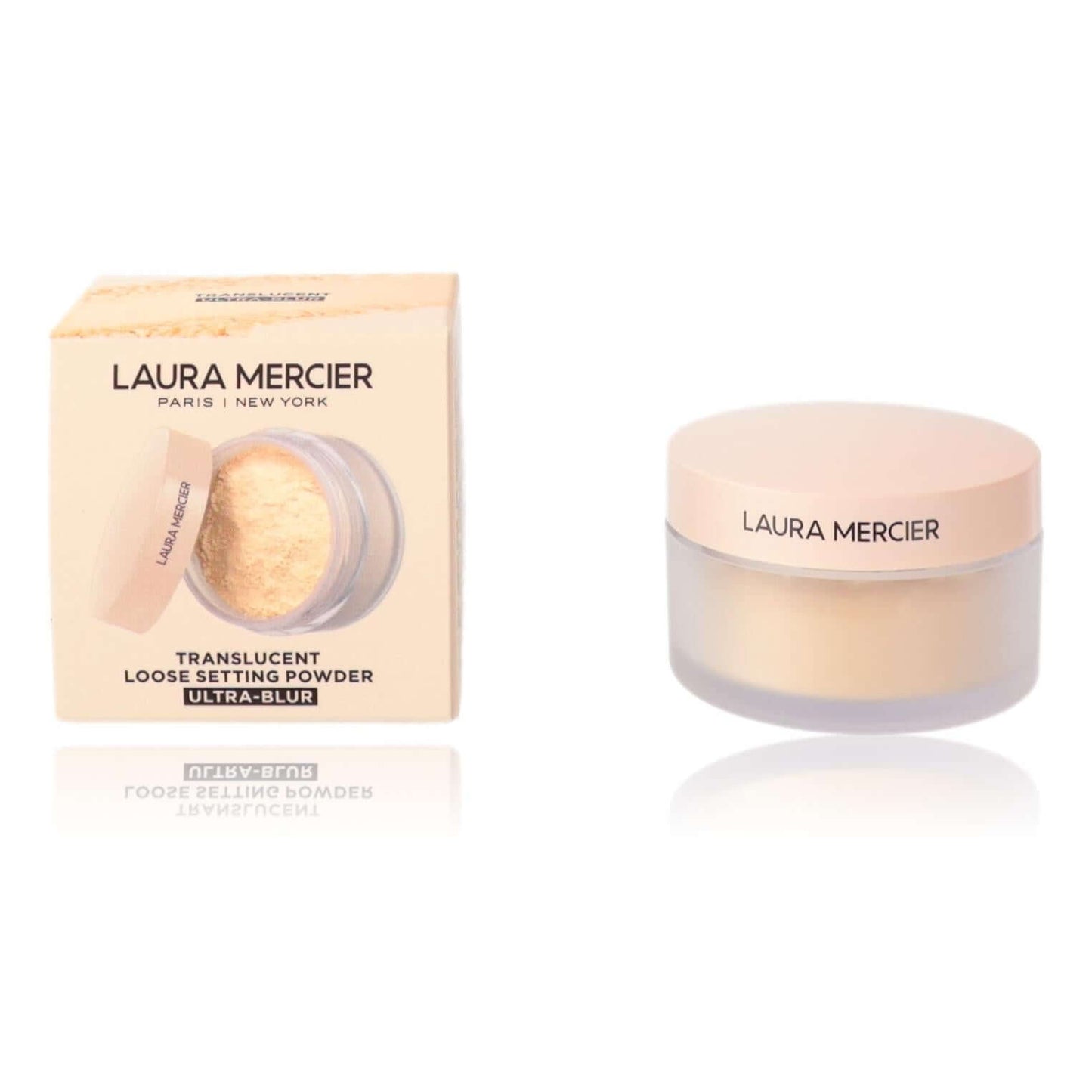 Laura Mercier translucent loose setting powder, Ultra-Blur, in box and jar.