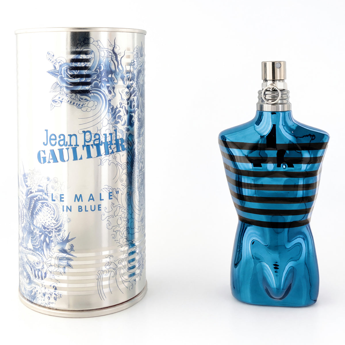 Men's blue EDP spray bottle with silver cylindrical canister and label