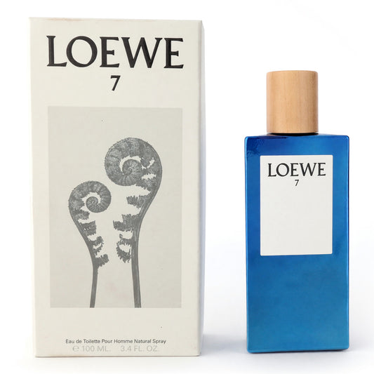 LOEWE 7 men's EDT spray bottle with blue liquid and wood-tone cap, next to product box