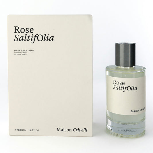 Rose Saltifolia eau de parfum bottle with black cap and matching Maison Crivelli box