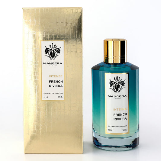 Mancera French Riviera eau de parfum spray in teal glass bottle with gold cap and box