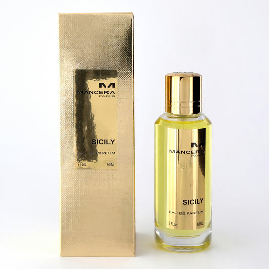 Sicily unisex eau de parfum spray, clear glass bottle with gold cap and label