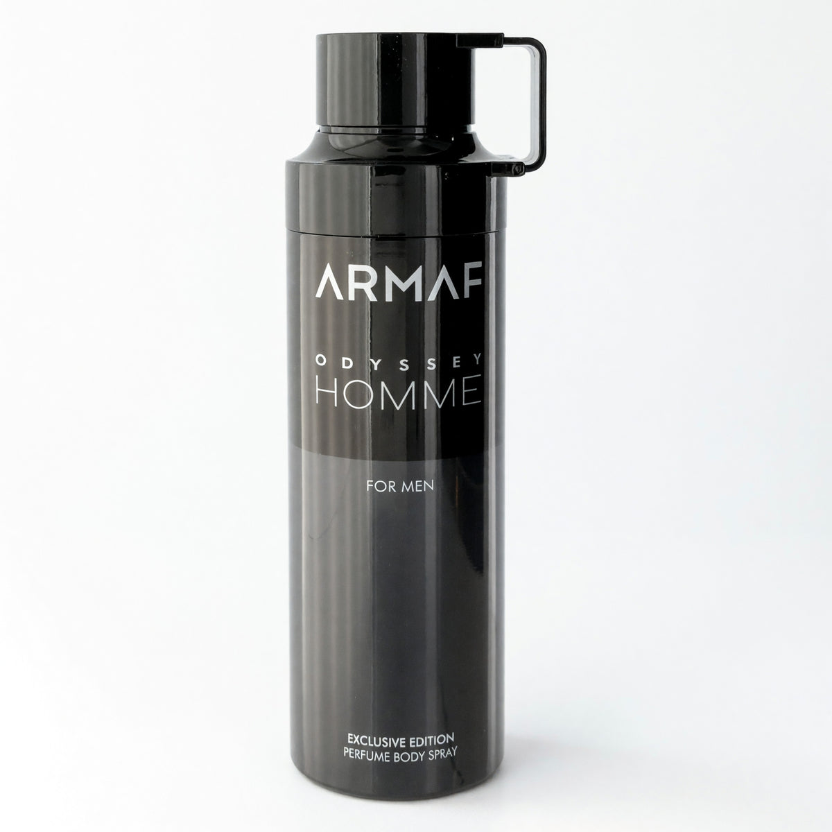 Armaf Odyssey Homme men's body spray in a black cylindrical can with a clip-on cap