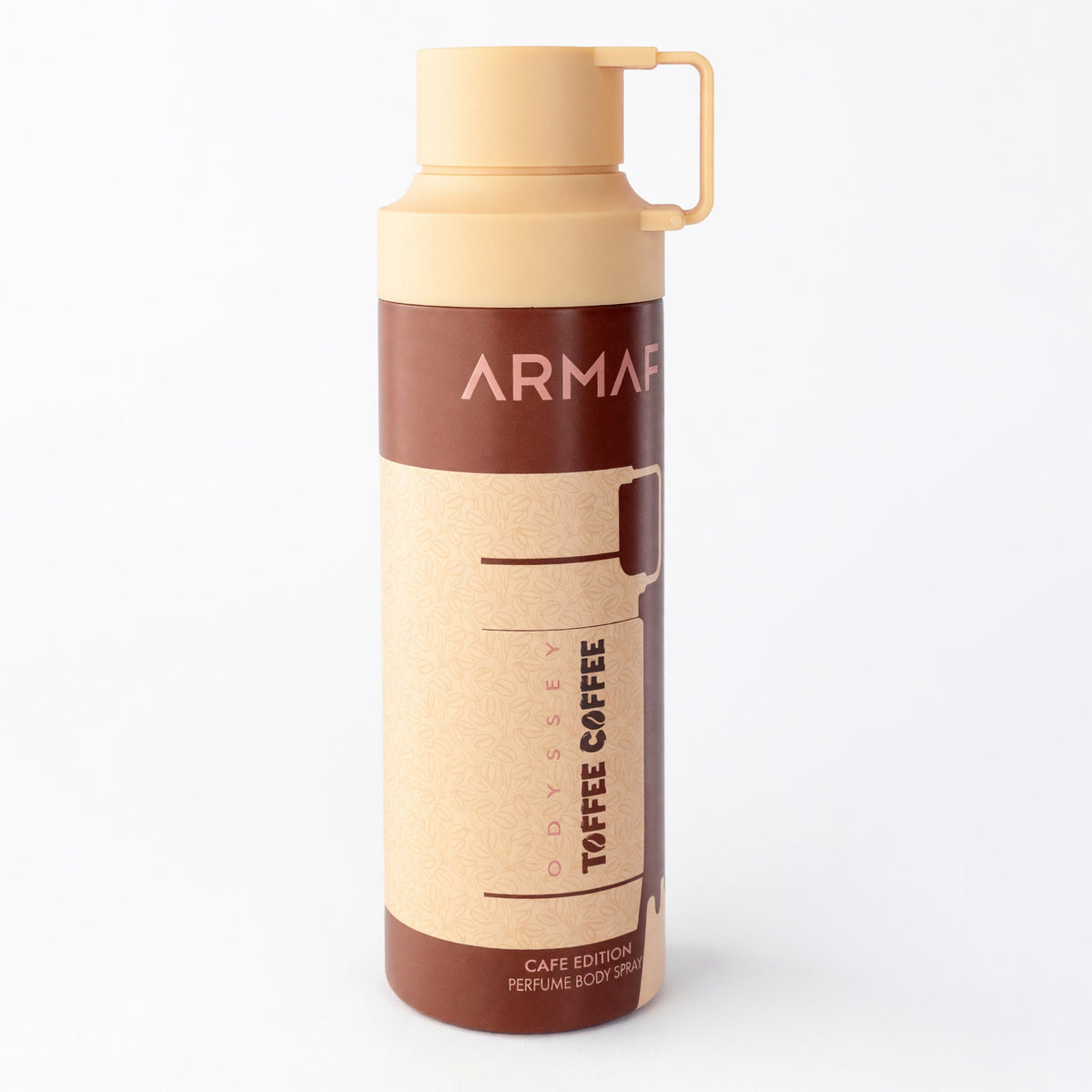 Armaf Odyssey Toffee Coffee body spray in a tan and brown can with a cap handle