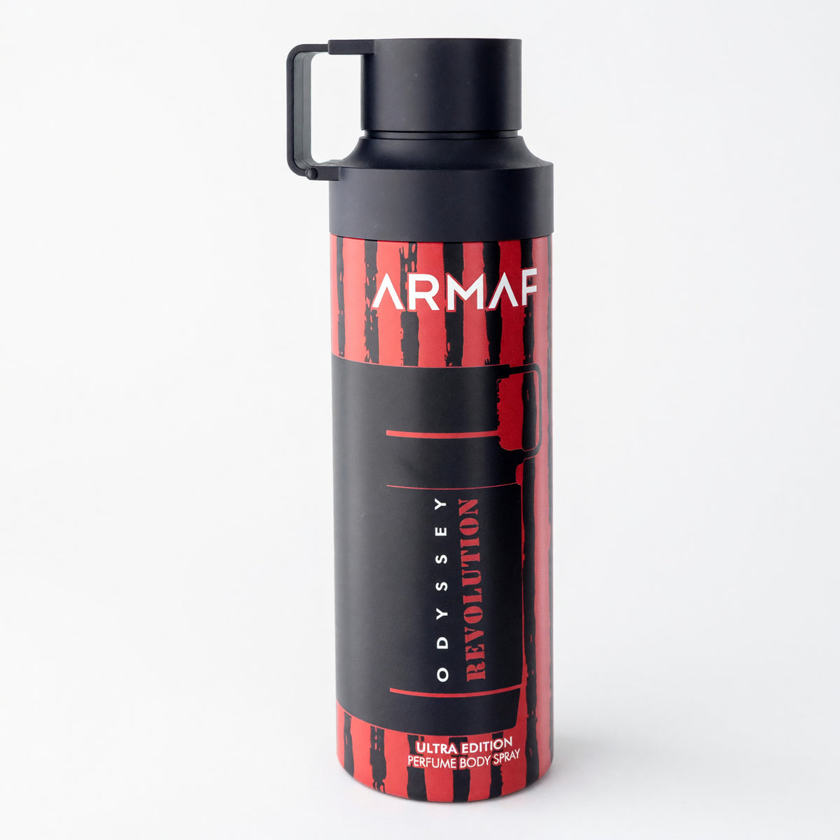 Armaf Odyssey Revolution Ultra Edition body spray in a black and red aerosol can with a handle cap