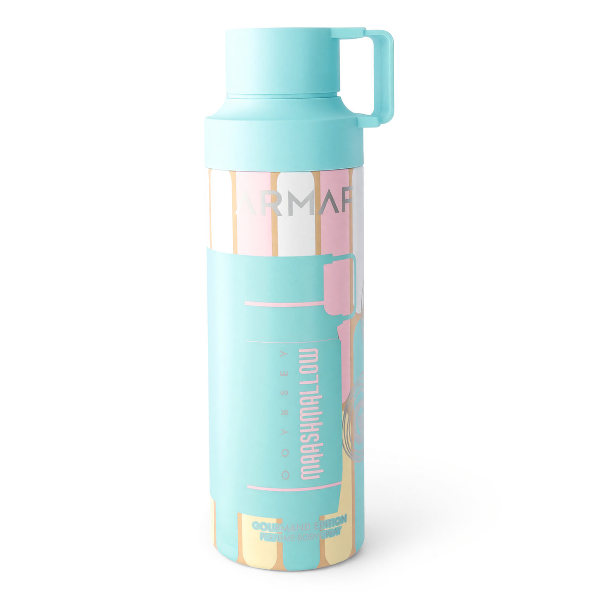 Armaf Odyssey Marshmallow body spray in a turquoise aerosol can with a matching cap