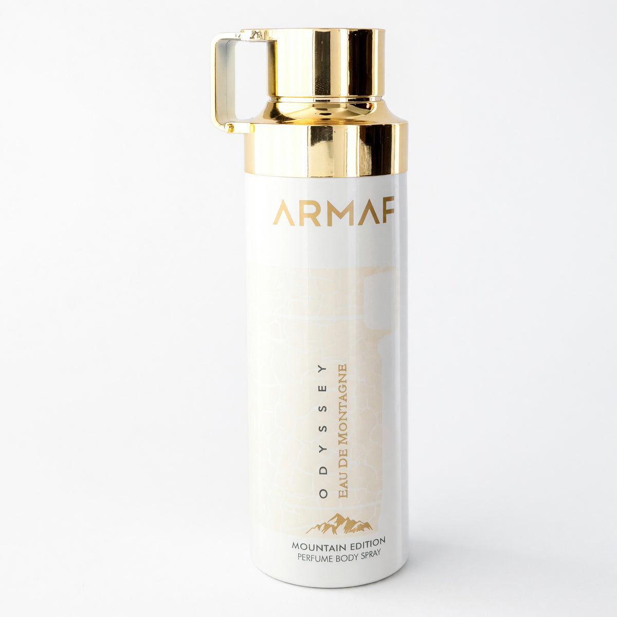 Armaf Odyssey Eau De Montagne body spray in a white can with a gold cap
