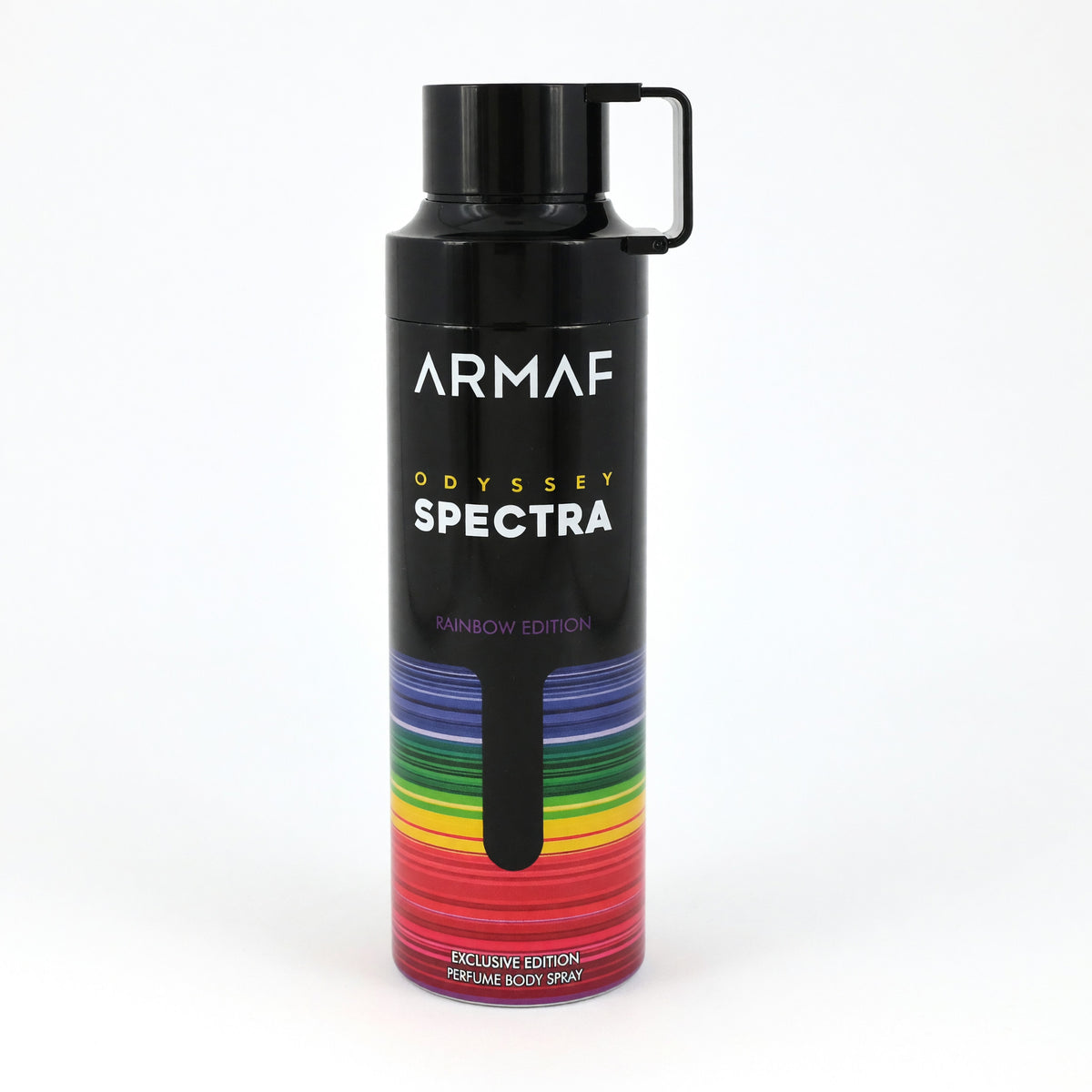 Armaf Odyssey Spectra Rainbow deodorant spray can with a black finish and multicolor stripes