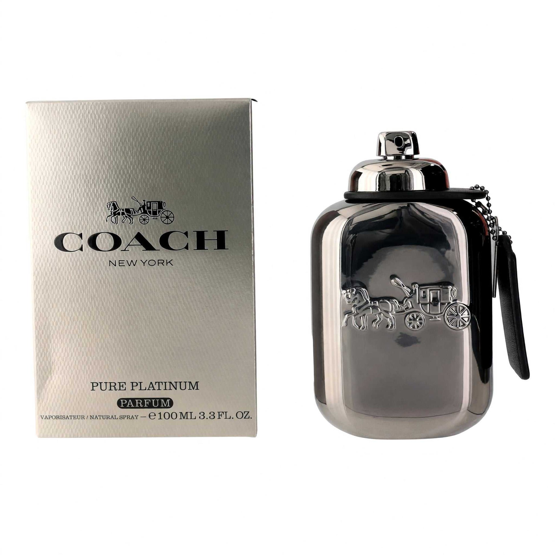 Men's Pure Platinum eau de parfum spray with silver cap and Coach-branded box.