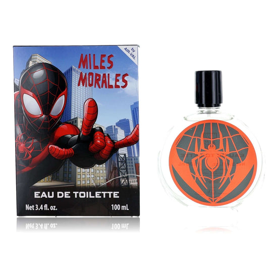 Miles Morales Eau de Toilette spray for kids, 3.4 oz; red Spider-Man logo.