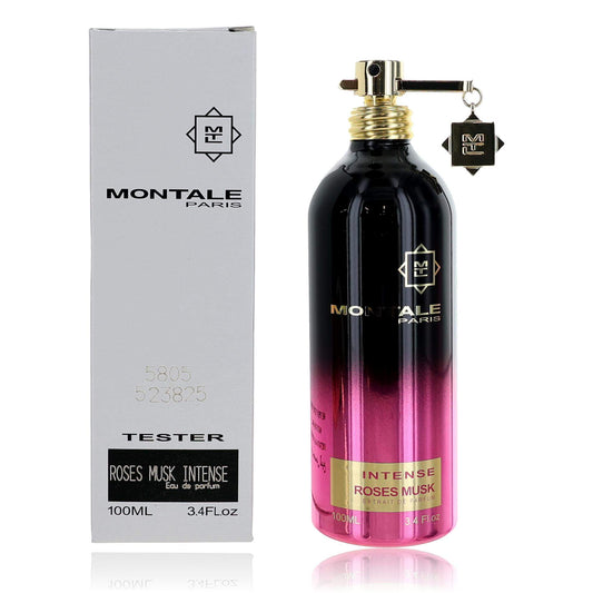 Montale Roses Musk Intense tester perfume bottle, dark glass with pink gradient, gold cap