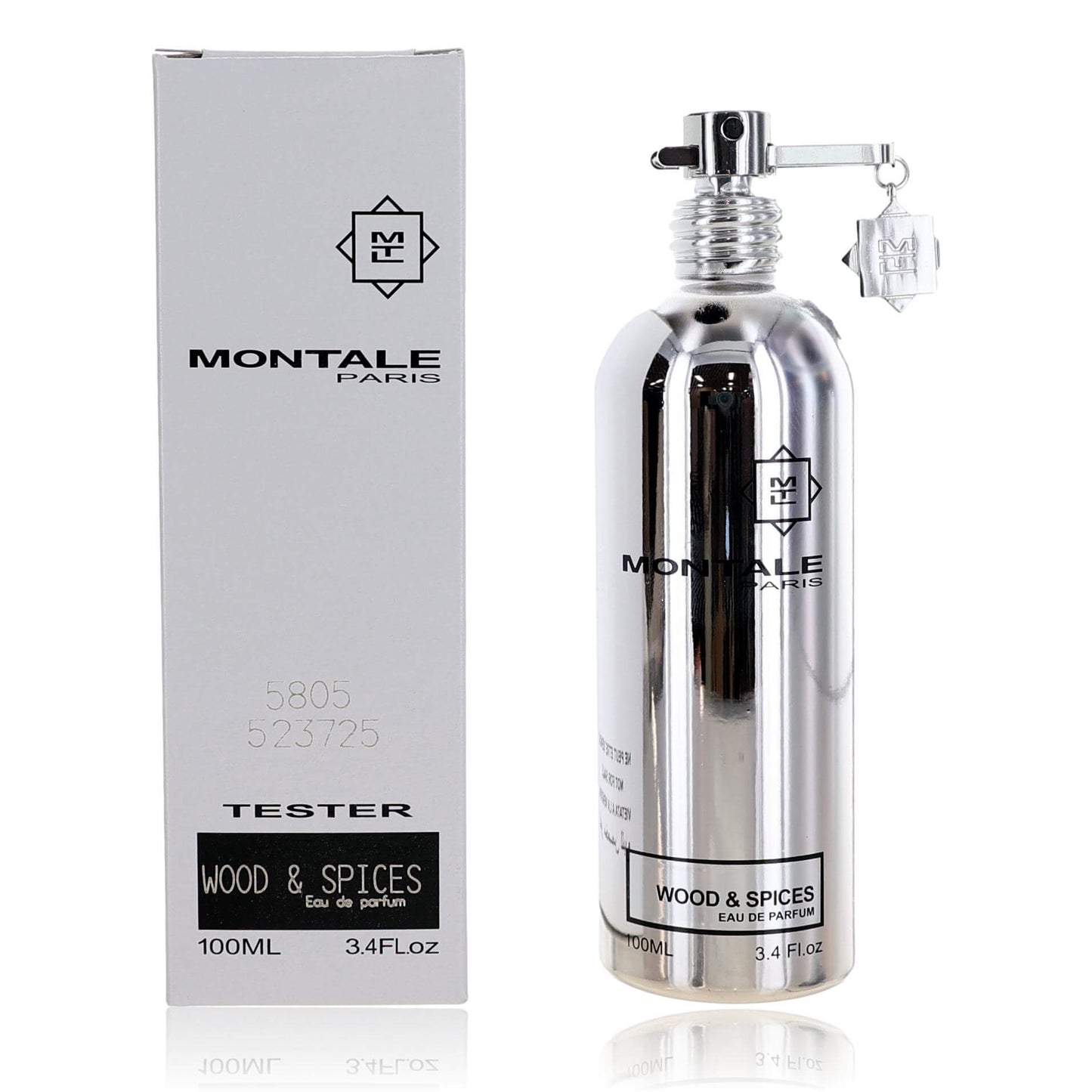 Montale Wood & Spices tester EDP spray bottle with silver cap and matching box