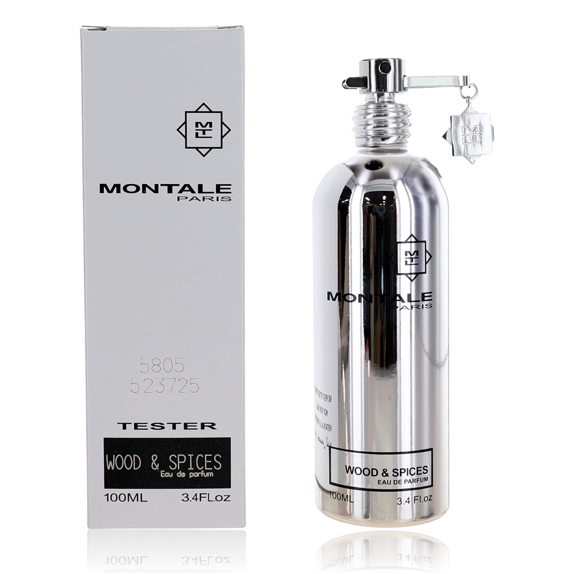 Montale Wood & Spices tester EDP spray bottle with silver cap and matching box